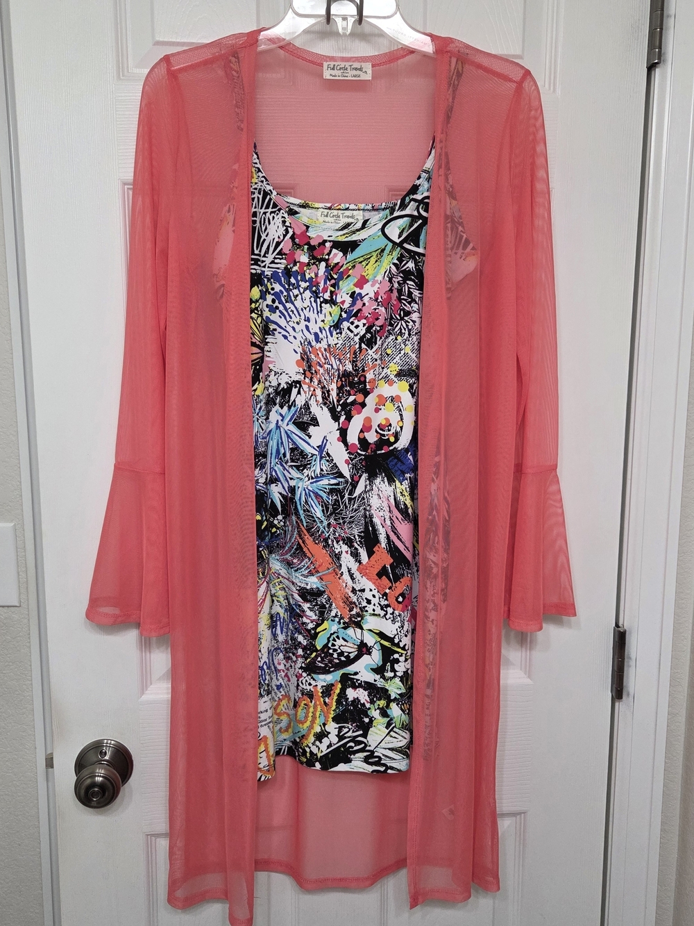 Full Circle Trends Graffiti Dress & Coral Mesh Duster 2 Pc Set Large